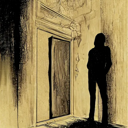 Prompt: The Sandman standing in a doorway leading into the void, portrait, digital art, ultra realistic, highly detailed, HD, artstation, concept art, smooth, sharp focus, illustration, cinematic lighting, comicbook, art by Sam Kieth and Mike Dringenberg
