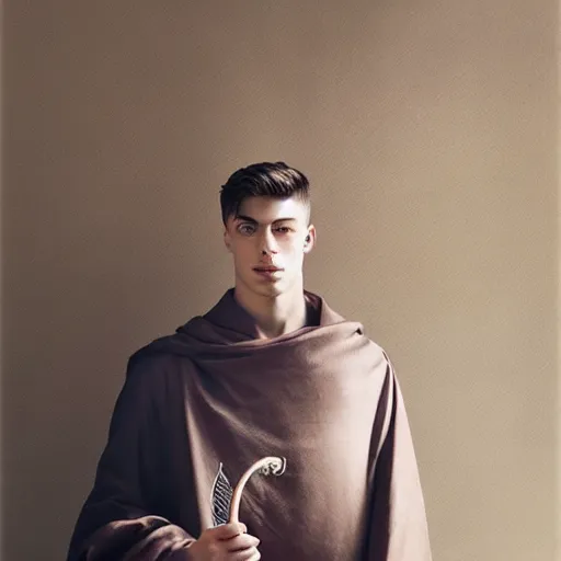 Prompt: attractive handsome kai havertz wearing monk robes holding ivory candlestick. natural lighting by ruan jia, portrait