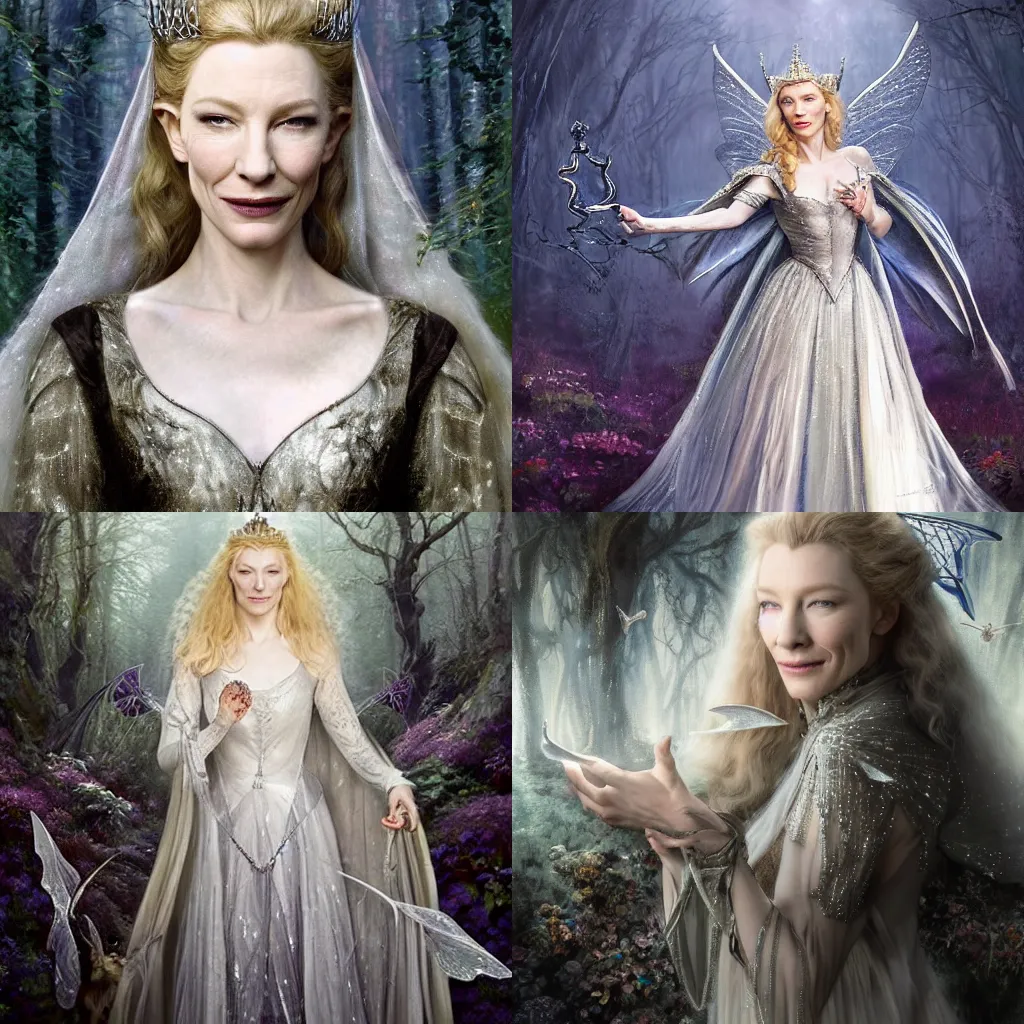 Prompt: portrait of mischievous, baleful Cate Blanchett's Galadriel as a queen of fairies, dressed in a beautiful silver dress. The background is a dark, creepy eastern europen forrest. night, horroristic shadows, high contrasts, lumnious, theatrical, character concept art by ruan jia, thomas kinkade, and J.Dickenson, trending on Artstation