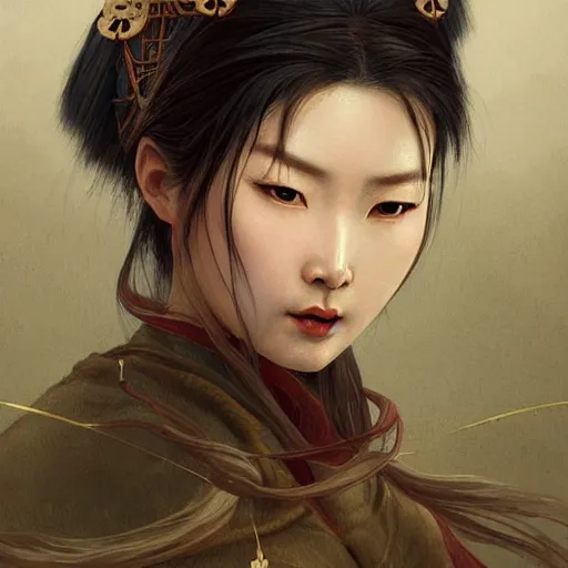 Image similar to A portrait of An beautiful!!! ancient Chinese female swordsman by Ross Tran!!! and Zhang Daqian and greg rutkowski! and gustav doré! and Zdzisław Beksiński! and Ruoxin Zhang!!!,In style of digital art illustration.Symmetry.Highly detailed face.Fantasy,smooth,hyper detailed,sharp focus,Soft light.trending on artstation.