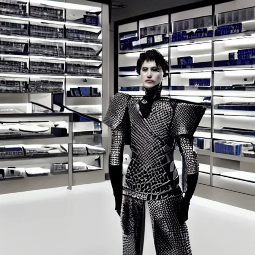 Image similar to a paladin wearing issey miyake armor in a computer shop, portrait, fashion photography, by mario testino, davide sorrenti, jemal shabazz