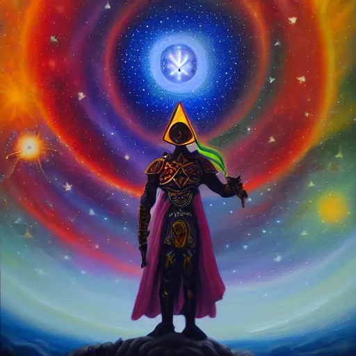 Image similar to facing the evil darkness dark star with a sword in hand, galactic nebular astral realm sacred journey in oil painting, trending on artstation, award winning, emotional, highly detailed surrealist art