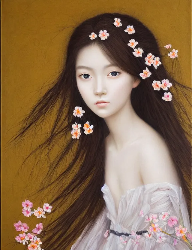 Image similar to flower girl, wonderful eyes, her loose hair, delicate, intricate details, a real masterpiece, oil on canvas, author li zhang