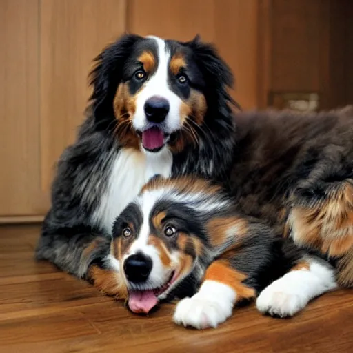 Image similar to australian shepherd cuddling with a maine coon