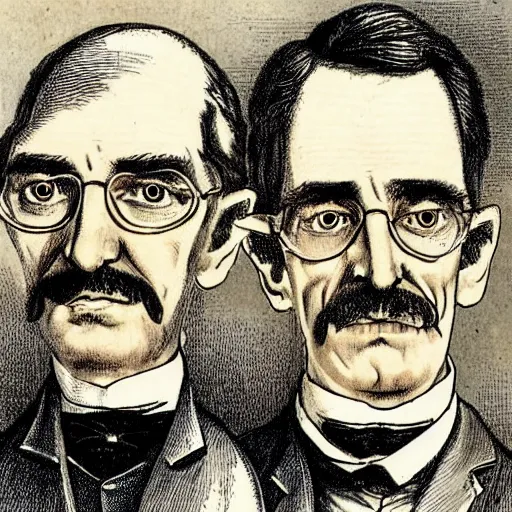 Prompt: Victorian caricature drawing of professor of chemistry Walter White and factory worker named Jesse Pinkman