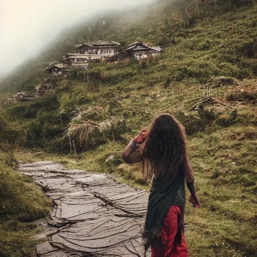 Image similar to define the character of a beautiful girl, messy long red hair, messy wet grey tribal clothes, short torn up pants, she is walking on a mountain and we see down in a deep valley a very poor old shanti town with wooden ruins, medieval time, heavy rain, late at night, mist, cinematic, 8 k,