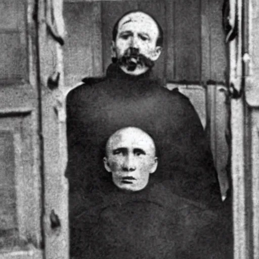 Prompt: Old picture of bloody butcher Vladimir Putin in Insane Asylum Of The 19th Century SCARY LOOKING at camera