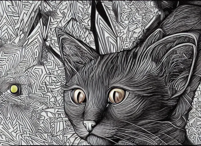 Prompt: coloring book drawing of a cat from a musical sparkly digital space opera, Animated film, volumetric lighting, octane render, directed by wes anderson, Vladimir kush, m.c Escher