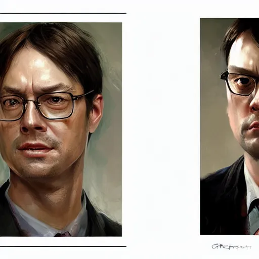 Image similar to hyper realistic, portrait of dwight shrute : : 2, ethnicity : japanese, painted by greg rutkowski, wlop, loish,