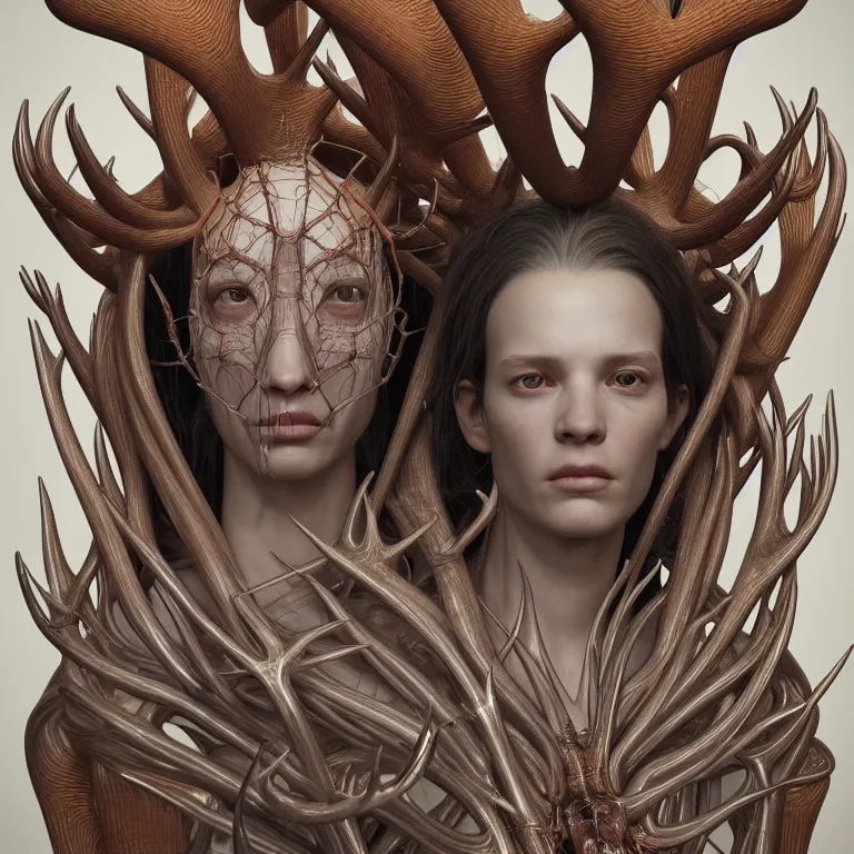 Prompt: portrait of transparent exoskeleton ms with ribbed body, covered with twisted ribbed crooked antlers, baroque portrait by rutkowsky and charles vess and james jean and erik jones and rhads, 3 d octane render, beautiful fine face features, intricate high details, sharp, ultradetailed, artistic photography