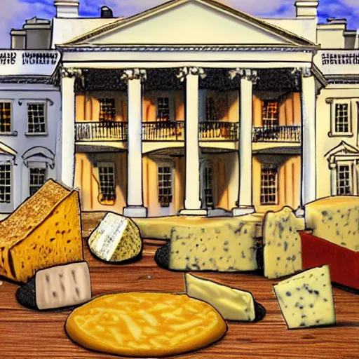 Image similar to the white house but it's made out of different cheeses