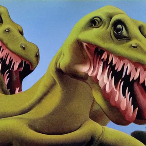 Prompt: a group of pachycephalosaurus laughing about something, dinsosaurs, roger dean