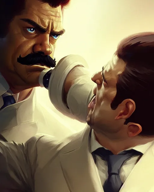 Image similar to gigachad luigi fighting like ron swanson in a white suit, fantasy character portrait, ultra realistic, concept art, intricate details, highly detailed by greg rutkowski, ilya kuvshinov, gaston bussiere, craig mullins, simon bisley