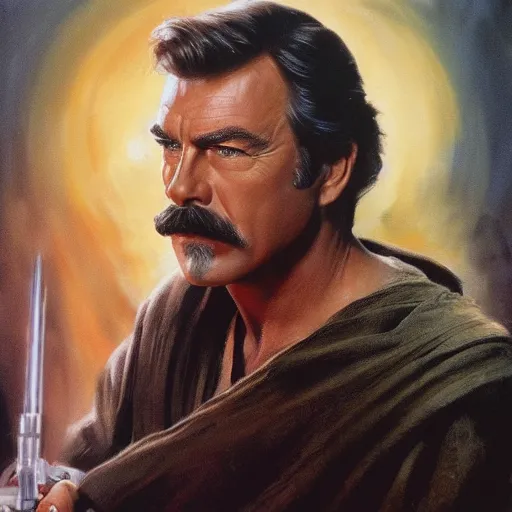 Image similar to ultra realistic portrait painting of tom selleck as obi - wan kenobi, art by frank frazetta, 4 k, ultra realistic, highly detailed, epic lighting