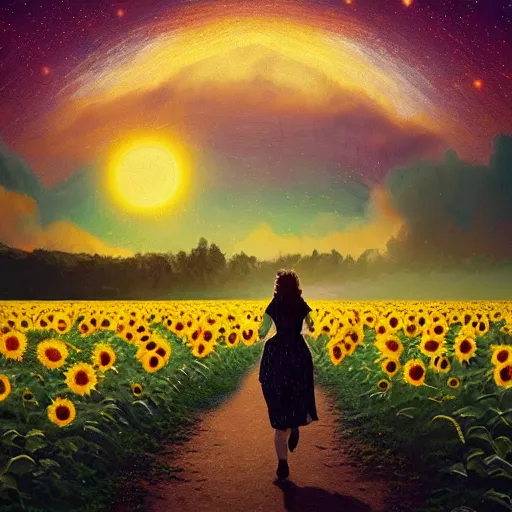 Image similar to huge sunflower face, girl walking in wheat field, hills, surreal photography, dark night, star trails, dramatic light, impressionist painting, clouds, digital painting, artstation, simon stalenhag