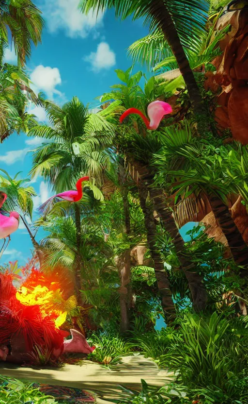 Image similar to unreal engine 5 8 k uhd render of an flamingocore tropicalwave junglepunk abstrafractalmancer, photorealistic, animal photography, photo safari, fashion shoot, lush tropical surroundings, volumetric lighting, sunlight, 1 0 5 mm lens