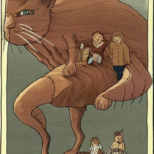 Image similar to a moebius drawing of small people riding an gigantic cat