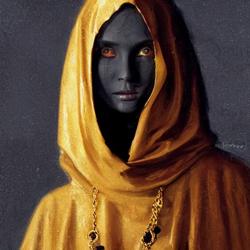 Image similar to a portrait of a young woman wearing a long dark cloak, hood and shadows covering face, holding golden chains, oil painting, matte painting, black background, Volumetric Golden dappled dynamic lighting, Highly Detailed, Cinematic Lighting, Unreal Engine, 8k, HD, by Beksinski