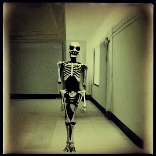 Prompt: A creepy polaroid photo of skeleton like billie eilish chasing you down a hallway with sharpy teeth