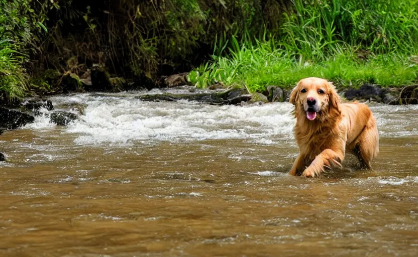 Prompt: photo of a golden retriever panning for gold in a river