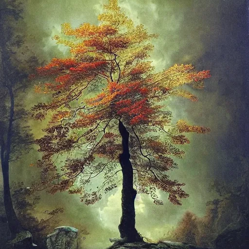 Prompt: A beautiful assemblage of a tree with its branches and leaves reaching out towards the sky. The colors are very vibrant and the assemblage has a lot of movement. by Carl Gustav Carus, by Klaus Wittmann aesthetic