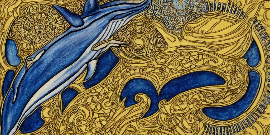 Prompt: whale, tarot style, art nouveau, gold filigree, painted, high detail,
