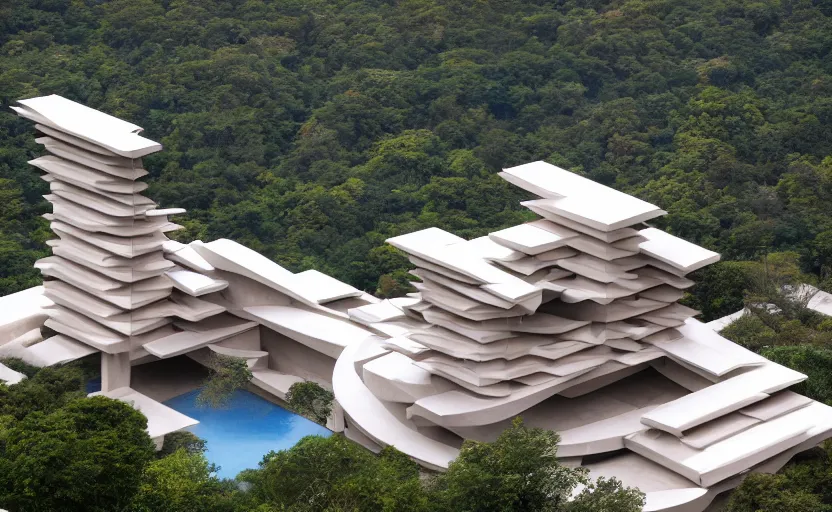 Image similar to an architectural masterpiece by frank Lloyd wright and Zaha hadid