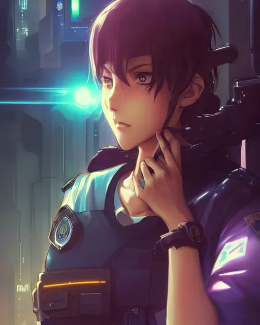 Image similar to anime key visual of a young female police officer, neon, cyberpunk, futuristic, stunning, highly detailed, digital painting, artstation, smooth, soft focus, rule of thirds, illustration, art by artgerm and greg rutkowski and alphonse mucha