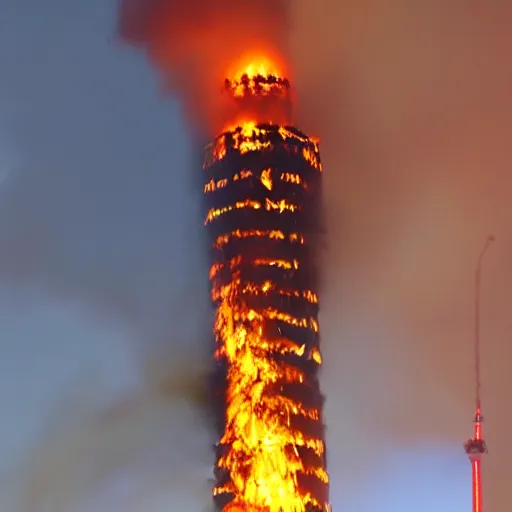 Prompt: photo of burning Spasskaya Tower with fire and flame, highly detailed, 8k, professional