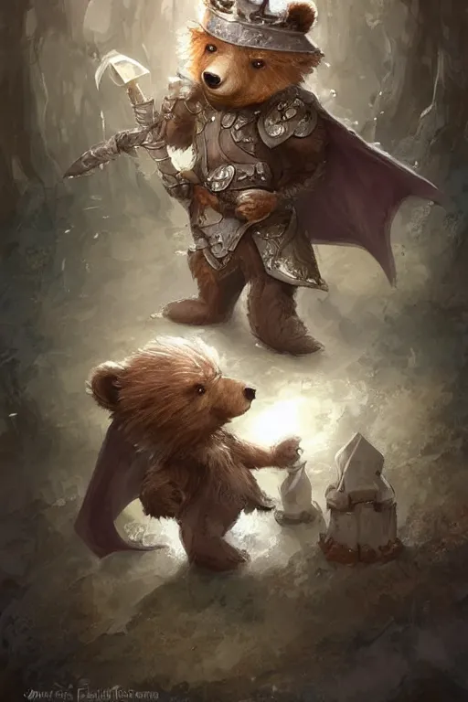 Image similar to cute little anthropomorphic bear knight wearing a cape and a crown, tiny, small, miniature bear, baby animal, short, pale blue armor, cute and adorable, pretty, beautiful, DnD character art portrait, matte fantasy painting, DeviantArt Artstation, by Jason Felix by Steve Argyle by Tyler Jacobson by Peter Mohrbacher, cinematic lighting