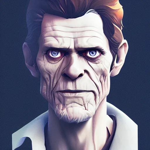 Prompt: portrait of willem dafoe the bogeyman, bleak and oppressive atmosphere, distress, mattepainting concept blizzard pixar maya engine on stylized background splash comics global illumination lighting artstation, sharp focus, lois van baarle, ilya kuvshinov, rossdraws