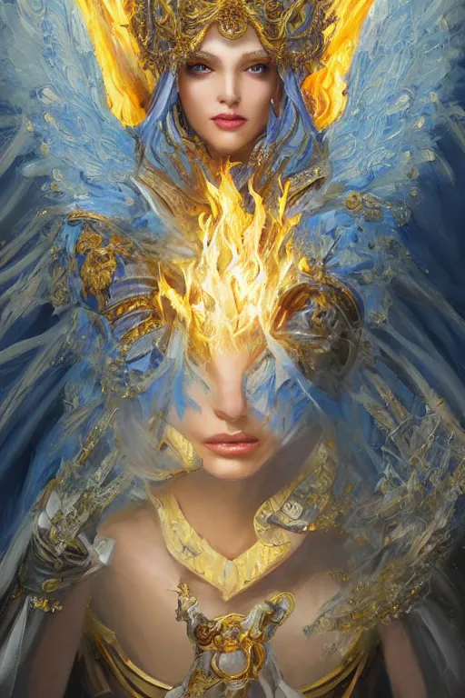 Image similar to beautiful princess with face covered with fire, king sorcerers, ornate, blue and silver, armor, robes, diamonds, angel, fantasy, yellow background beam, dramatic lighting, highly detailed, digital painting, magic the gathering, 3 d render, hyper realistic detailed portrait, peter mohrbacher, wlop, ruan jia