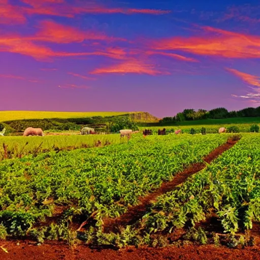 Image similar to biodynamic farm, beautiful, astrological features in the sky, vivid color schemes, rows of vegetable crops, grazing sheep, fruit trees