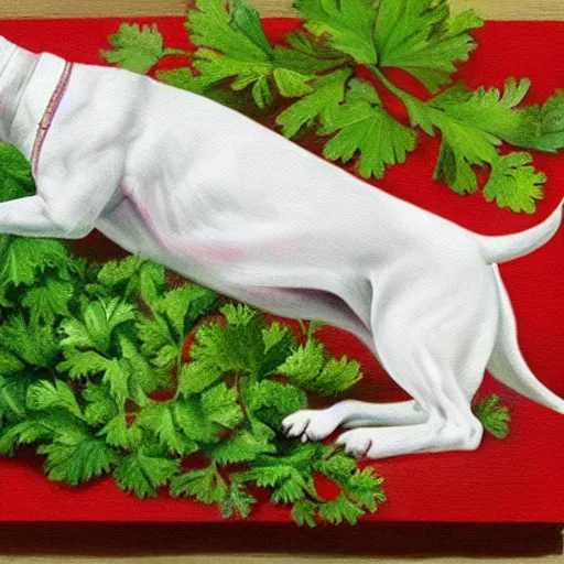 Image similar to painting of a white pitbull on a bed of parsley with a parsley garnish on top, highly detailed