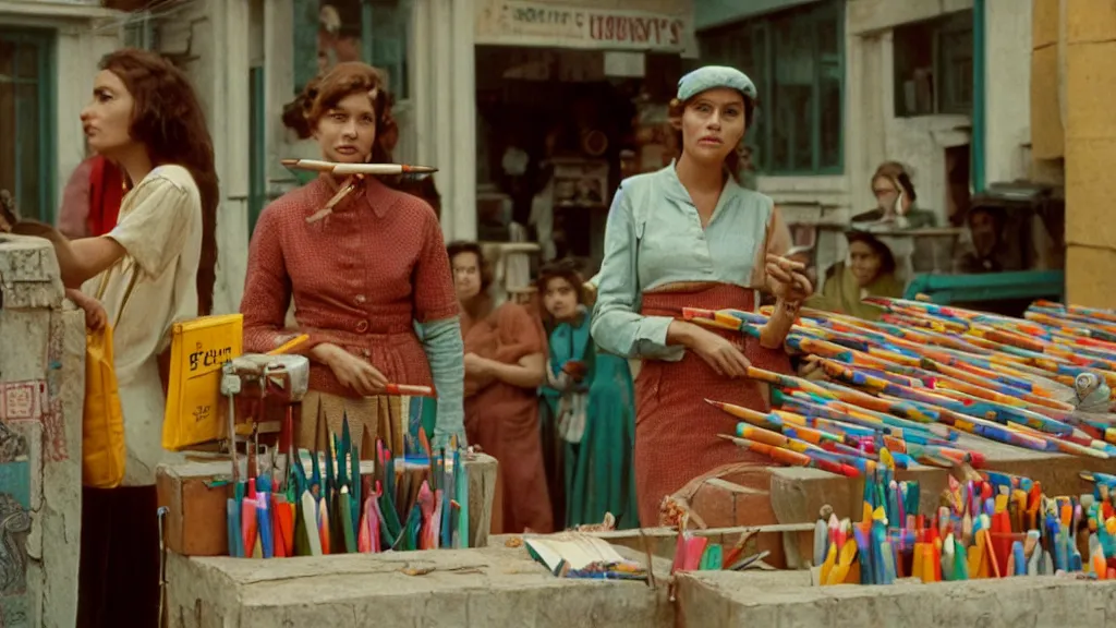 Prompt: a women selling pencils, film still from the movie directed by wes anderson with art direction by dali wide lens