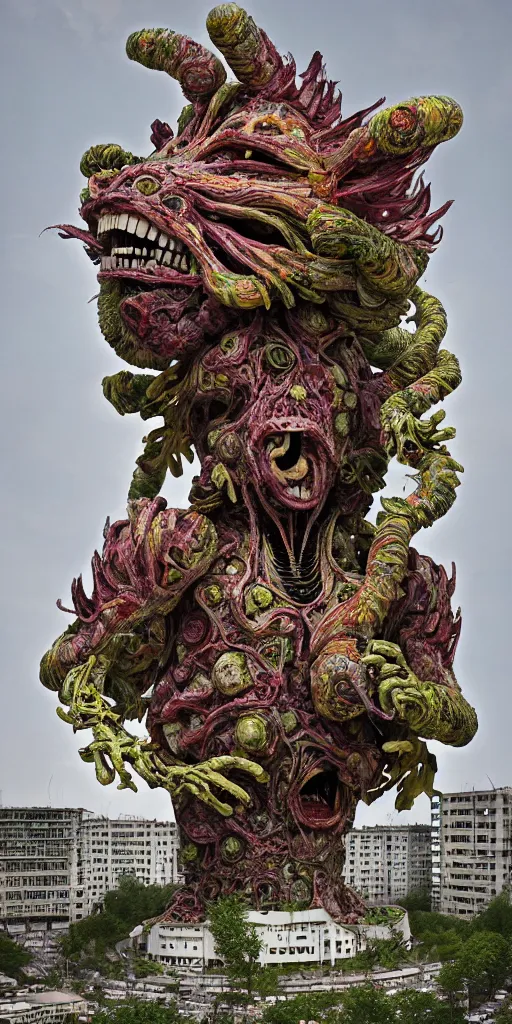 Image similar to colossal grotesque prehistoric psyhedelic alien predator flower made from best unfulfilled mankind projects in the middle of abandoned post soviet constructivist cityscape, Stalinist architecture, ultradetailed, Intricate by Hayao Miyazaki and Josan Gonzalez and Makoto Shinkai and Giuseppe Arcimboldo and Wes Anderson