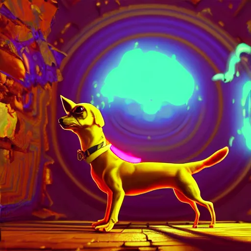 Image similar to a trippy chihuahua living in an extradimensional reality, in the style of wlop, illustration, epic, fantasy, hyper detailed, smooth, unreal engine, sharp focus, ray tracing, physically based rendering, renderman, beautiful