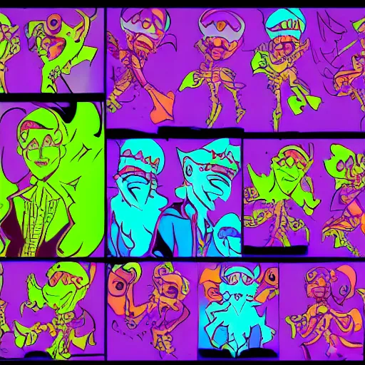 Prompt: official character sheets for a new vampire squid character, artwork in the style of splatoon from nintendo, black light rave, bright neon colors, spray paint, punk, tall thin build, adult character, fully clothed, colorful