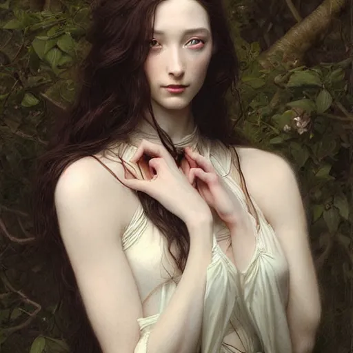 Image similar to beautiful striking Pre-Raphaelite Emma Dumont by Artgerm and Greg Rutkowski, pale, intricate, elegant, highly detailed, digital painting