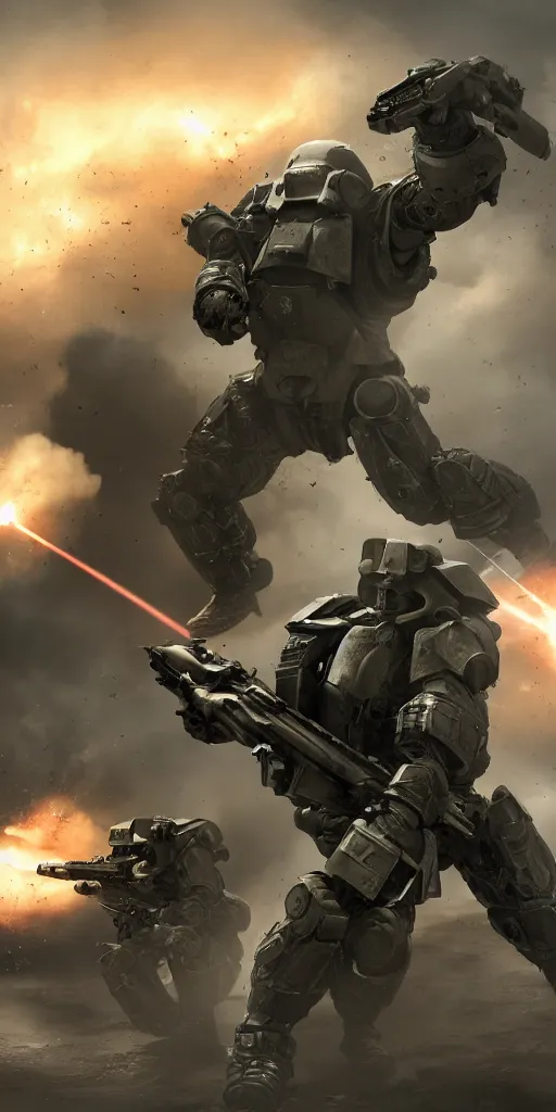 Image similar to concept art, world war iii, battlefield scene, ultra - wide angle, uav, exoskeleton power armor, launch kinetic energy weapon, launch tracking missile, armor piercing missile, drag light bullet, backlight, future technology, smooth lines, high detail, 8 k, octane rendering, unreal engine.