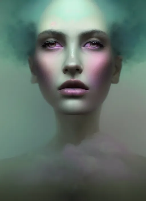 Image similar to an ethereal, misty portrait of a woman whose face is accented with neon - toned glowing eyeliner. the makeup floats off her face and joins swirling clouds of smoke and fog, becoming an aurora. muted tones. surreal portrait, cinematic lighting, 8 k, smooth, sharp focus, digital painting, rendered in octane, painted by tom bagshaw, artgerm