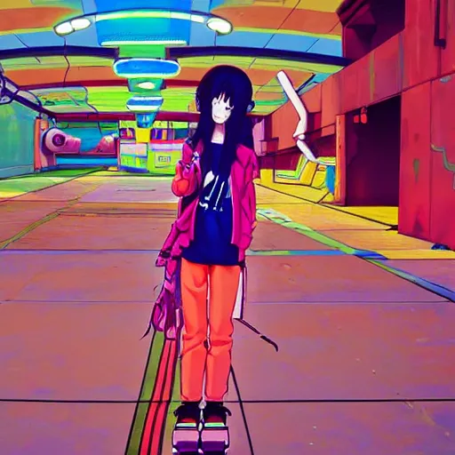 Image similar to anime girl with colorful clothes, eccentric hairstyle, cel - shading, 2 0 0 1 anime, flcl, jet set radio future, golden hour, underground facility, underground tunnel, pipes, rollerbladers, rollerskaters, cel - shaded, jsrf, strong shadows, vivid hues, y 2 k aesthetic