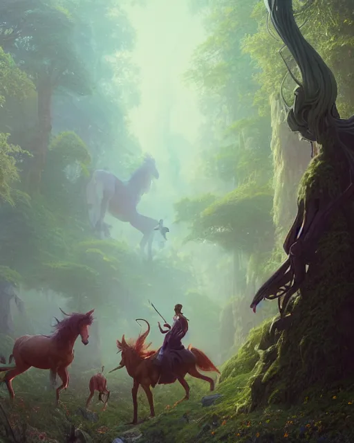 Image similar to highly detailed surreal vfx portrait of a fearless centaurs in a fairytale world, stephen bliss, unreal engine, greg rutkowski, loish, rhads, beeple, makoto shinkai and lois van baarle, ilya kuvshinov, rossdraws, tom bagshaw, alphonse mucha, global illumination, detailed and intricate environment