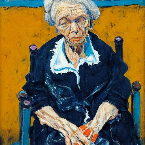 Image similar to painting of an old woman sitting on a chair, staring at you, by georg baselitz