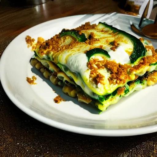 Prompt: “Zucchini lasagna with creme fraiche, ras el hanout, ground chicken, caraway seeds inside, Michelin starred restaurant, award winning photography