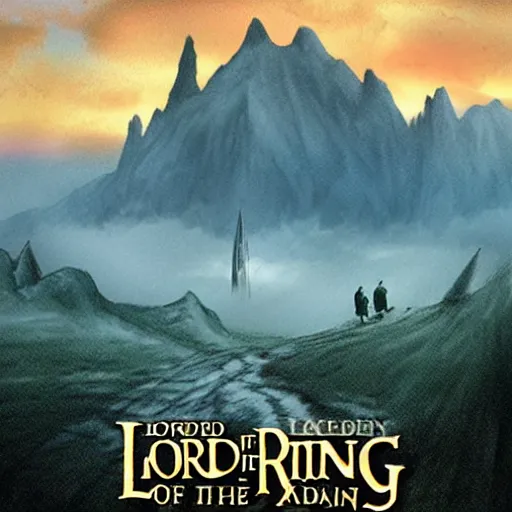 Prompt: Lord of the Rings cover art of the misty Mountains with the shadow of a forked tower over them in the style of J.R.R Tolkien