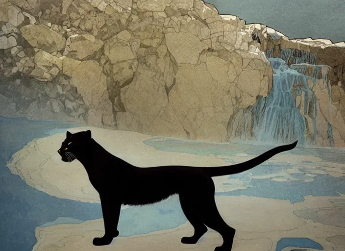 Prompt: animal concept of a black panther melanistic deep black leopard walking on Pamukkale, thermal waters flowing down gold travertine terraces, royal white and blue accents, accurately portrayed, portrait art by alphonse mucha and WLOP, highly detailed, digital painting, concept art, illustration, dim lighting with twilight rays of sunlight, trending on artstation, very detailed, smooth, sharp focus, octane render, close up