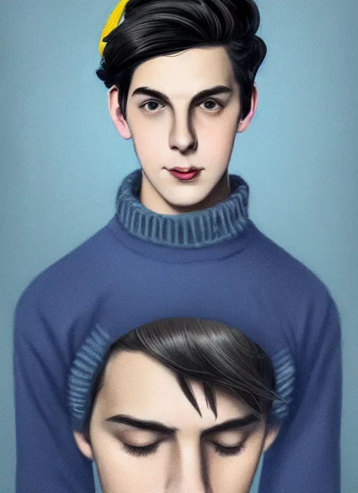 Image similar to portrait of teenage jughead jones wearing a light grey crown, crown, blue turtleneck, 1 9 5 0 s, closed eyes, photorealistic, black hair, glowing lighting, intricate, elegant, glowing lights, highly detailed, digital painting, artstation, concept art, smooth, sharp focus, illustration, art by wlop, mars ravelo and greg rutkowski