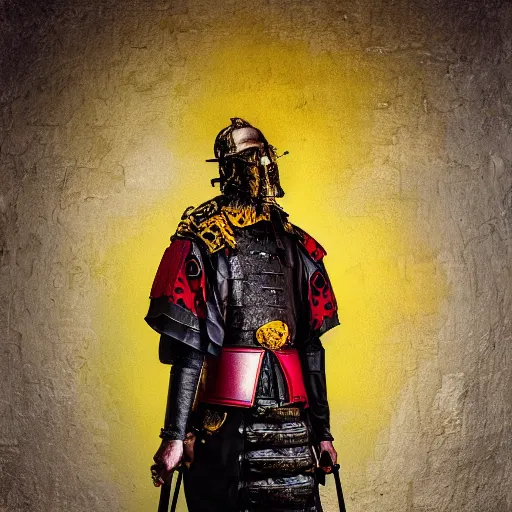 Prompt: photograph old samurai, cyberpunk, vibrant yellow colors, surreal, french baroque style by alexander mcqueen, hyper detailed, realistic cinematic, voigtlander photography portrait, painting, fog, red background, hero,