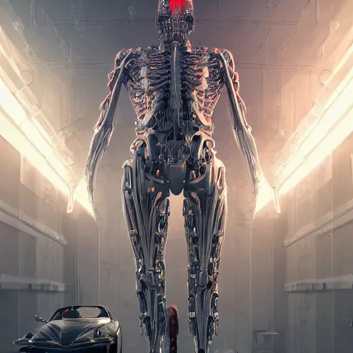 Image similar to ultradetailed illustration of a biomechanic evil cyborg posing in front of a futuristic mechanic lab, by greg rutkowski and Zdzisław Beksiński., photorealistic, 8k, intricate, futuristic, dramatic light, trending on cg society